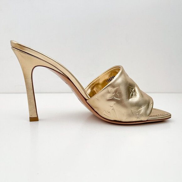 Louis Vuitton Revival Mule Monogram Gold Metalic Heel Padded Heels Sandals - Picture 10 of 14